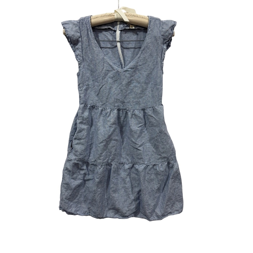 Goodthreads Womens Blue White Striped Seersucker Tiered Mini Dress XS Pockets‎